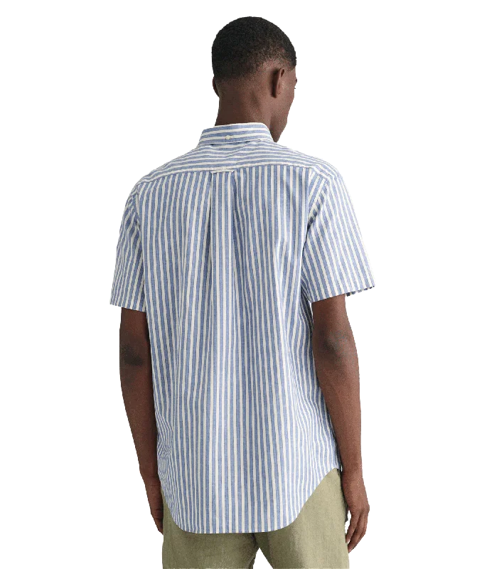 Regular Fit Striped Cotton Linen Short Sleeve Shirt - Blue