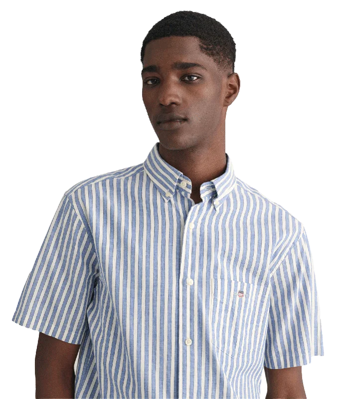 Regular Fit Striped Cotton Linen Short Sleeve Shirt - Blue