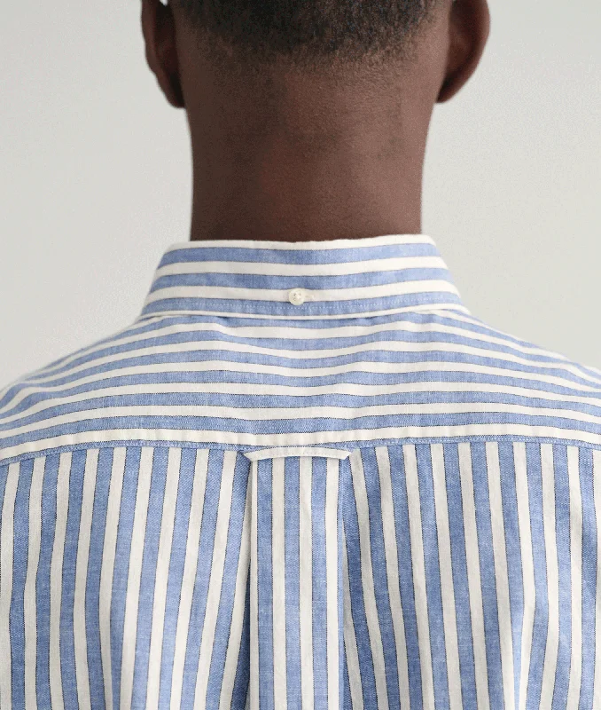 Regular Fit Striped Cotton Linen Short Sleeve Shirt - Blue