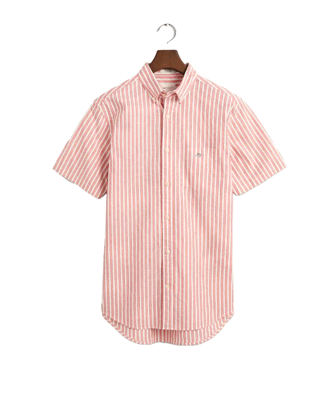 Regular Fit Striped Cotton Linen Short Sleeve Shirt - Pink