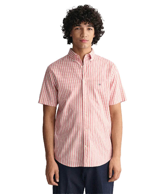 Regular Fit Striped Cotton Linen Short Sleeve Shirt - Pink