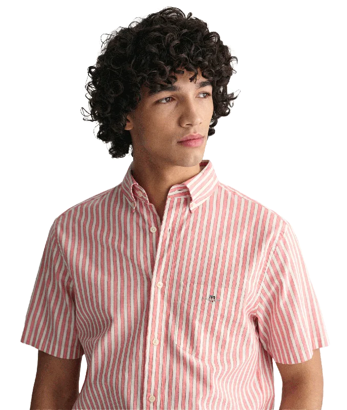 Regular Fit Striped Cotton Linen Short Sleeve Shirt - Pink