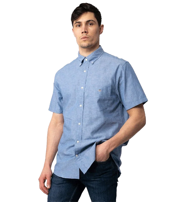 Mens Regular Fit Cotton Linen Short Sleeve Shirt - Blue