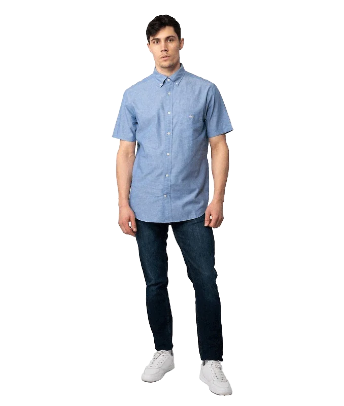 Mens Regular Fit Cotton Linen Short Sleeve Shirt - Blue