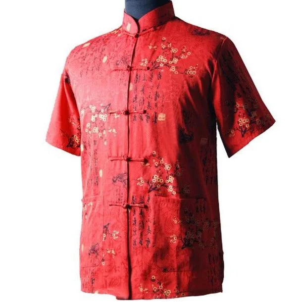 Short Sleeve Cotton Chinese Shirt with Floral & Calligraphy Pattern