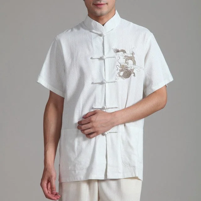 Short Sleeve Dragon Embroidery Linen Chinese Kung Fu Shirt