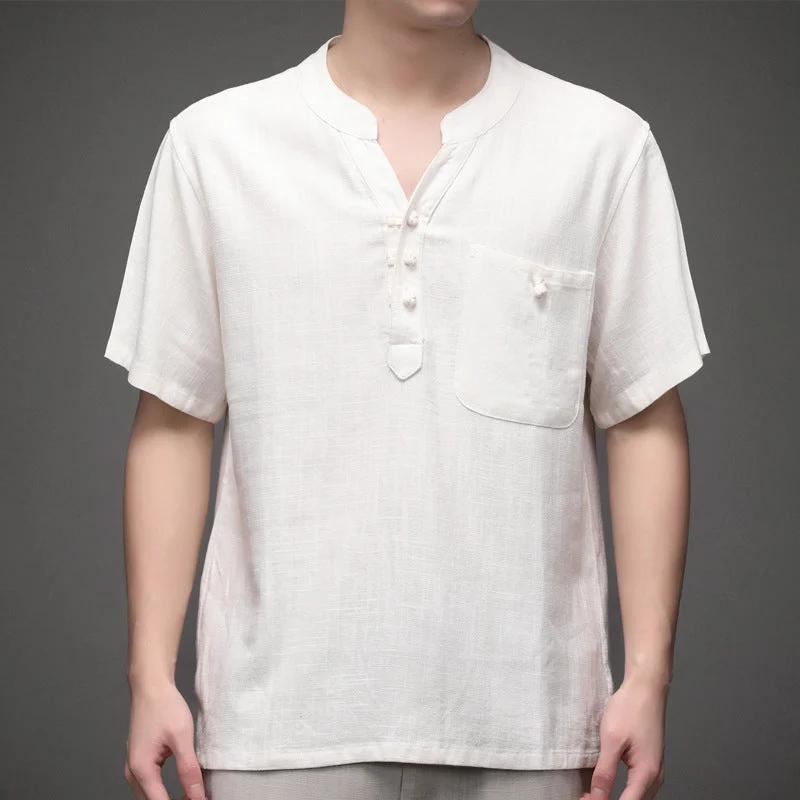 V Neck Short Sleeve Signature Cotton Chinese Shirt Base Shirt