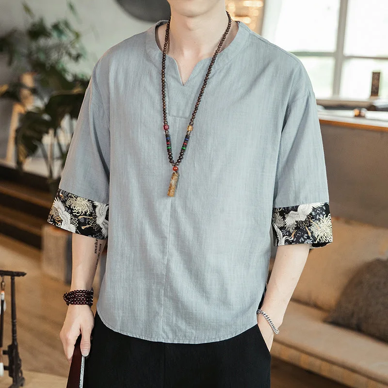 V Neck Signature Cotton Chinese T-shirt with Brocade Cuff