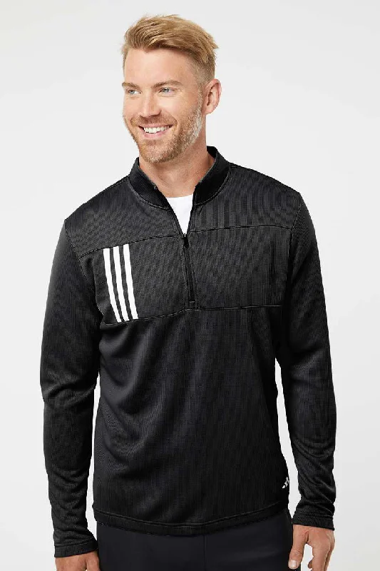 Adidas Mens 3 Stripes Double Knit Moisture Wicking 1/4 Zip Sweatshirt - Black - NEW