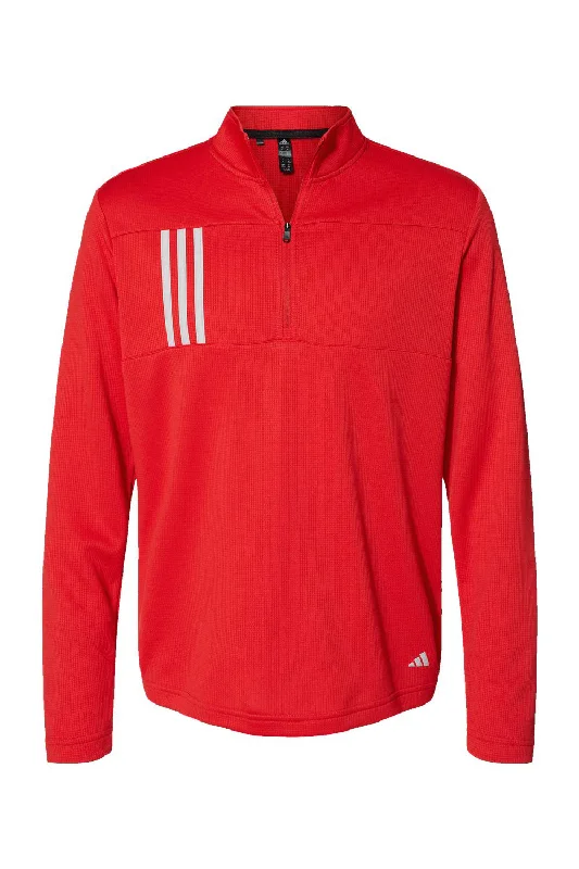 Adidas Mens 3 Stripes Double Knit Moisture Wicking 1/4 Zip Sweatshirt - Team Collegiate Red/Grey - NEW