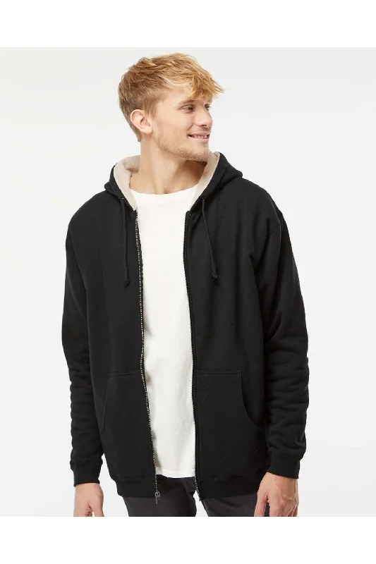 Independent Trading Co. Mens Sherpa Lined Full Zip Hooded Sweatshirt Hoodie - Black/Natural - NEW