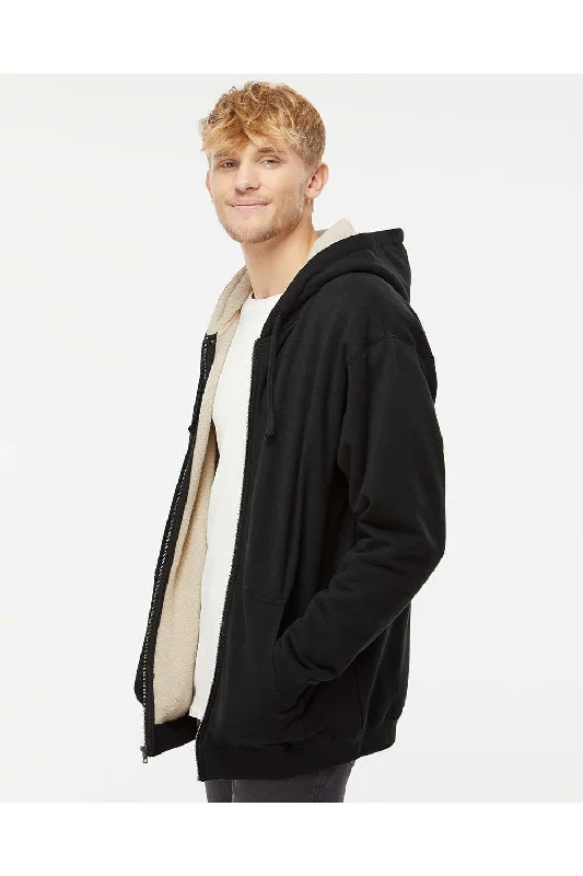 Independent Trading Co. Mens Sherpa Lined Full Zip Hooded Sweatshirt Hoodie - Black/Natural - NEW