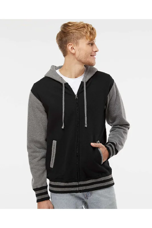 Independent Trading Co. Mens Varsity Full Zip Hooded Sweatshirt Hoodie - Black/Heather Gunmetal Grey - NEW