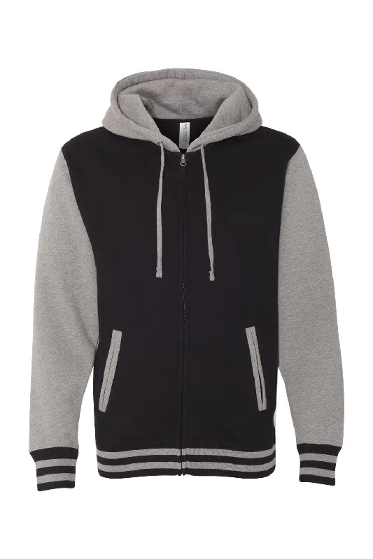 Independent Trading Co. Mens Varsity Full Zip Hooded Sweatshirt Hoodie - Black/Heather Gunmetal Grey - NEW