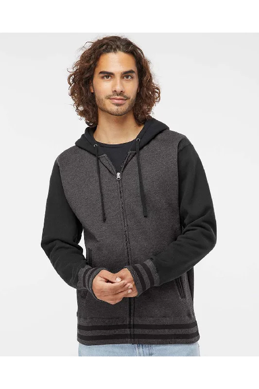 Independent Trading Co. Mens Varsity Full Zip Hooded Sweatshirt Hoodie - Heather Charcoal Grey/Black - NEW