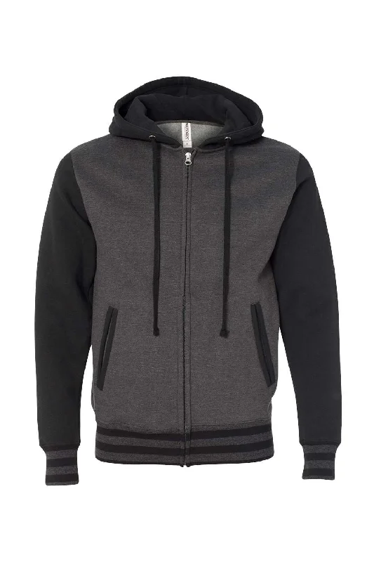 Independent Trading Co. Mens Varsity Full Zip Hooded Sweatshirt Hoodie - Heather Charcoal Grey/Black - NEW