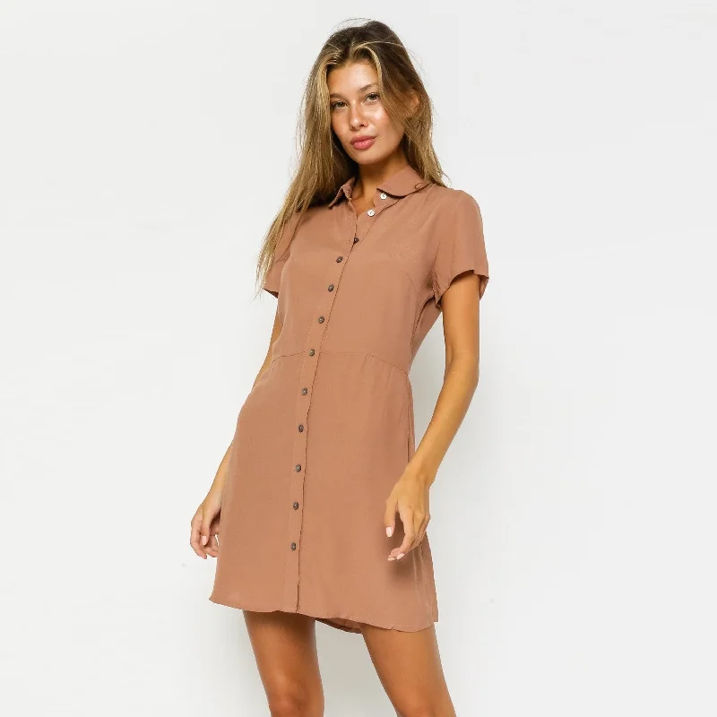 Button Up Collared Shirt Dress (Biscotti)