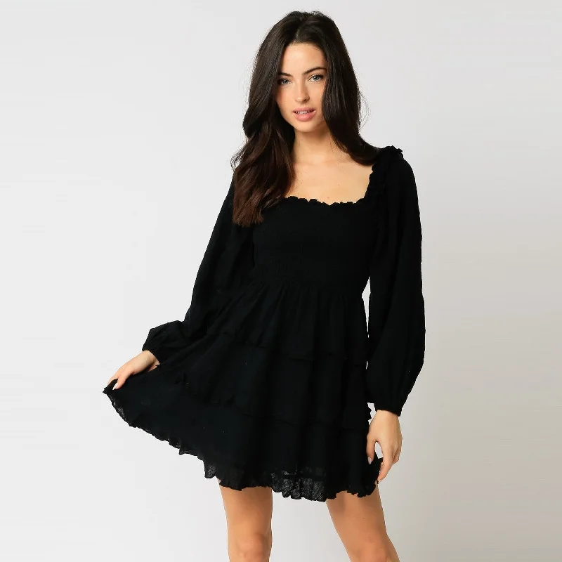 Gauze Ruffled Dress (Black)