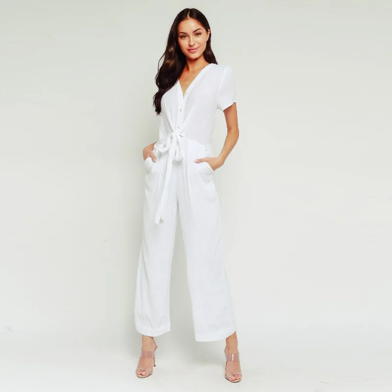 Waist Tie Button Up Jumpsuit (White)